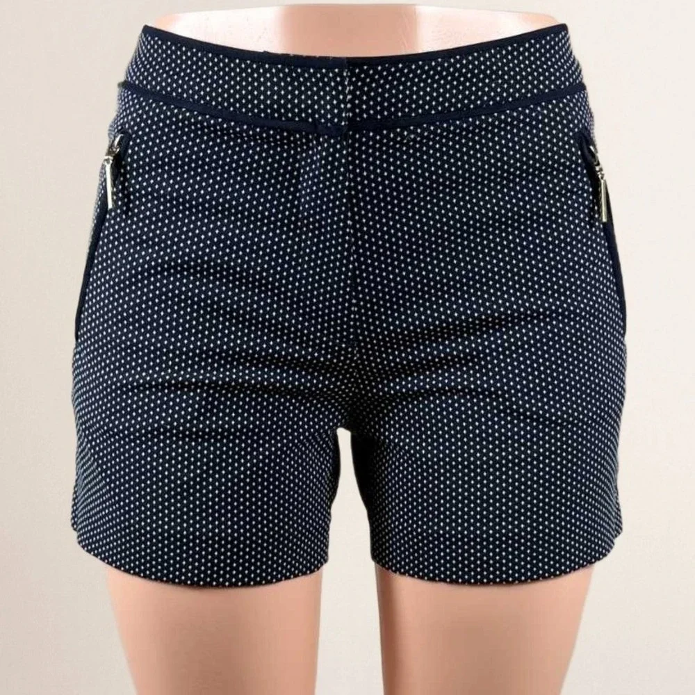 H&M Navy Blue White Diamond Pattern Tailored Shorts Gold Side Zippers Size 6